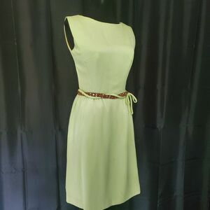 Vintage 70s Victor Costa Lime Green cocktail dress rhinestone belt wiggle S/M